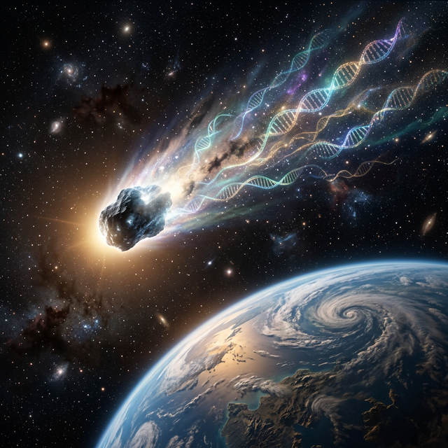 Interstellar comet releasing luminous particles of genetic material as it approaches a young planet with primitive oceans