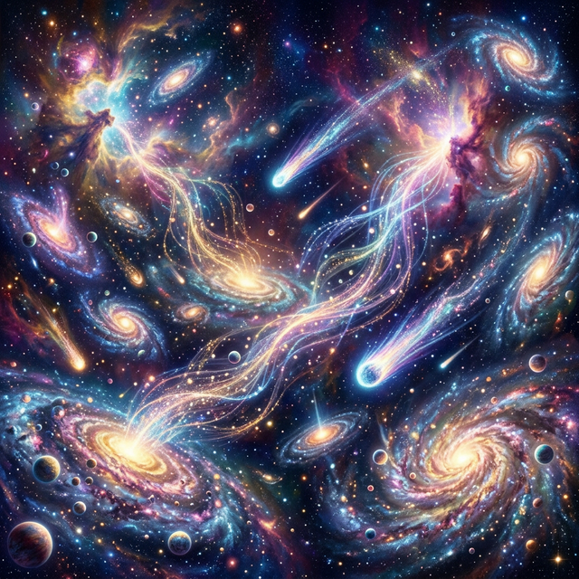 Galaxies filled with planets being seeded by streams of luminous genetic particles coming from nebulae and comets