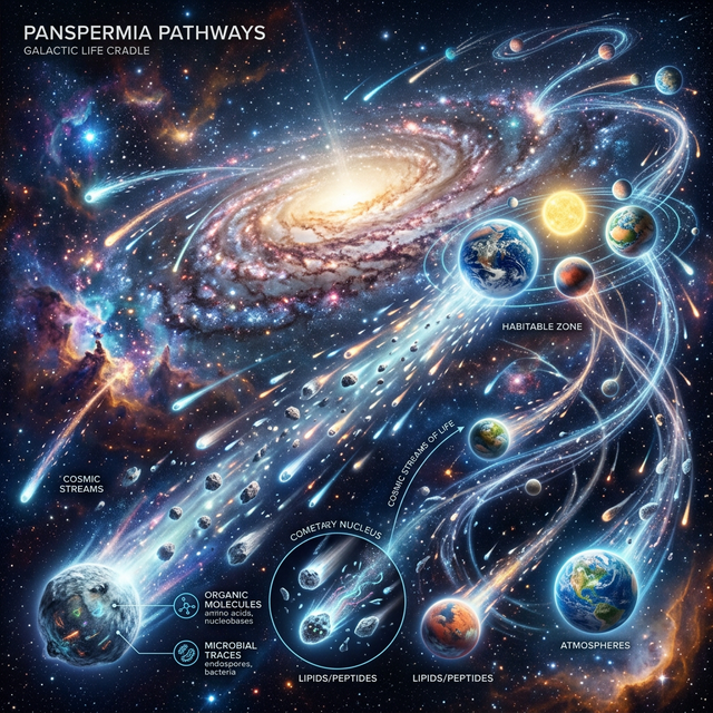 Panoramic cosmic scene showing comets and meteoroids carrying organic molecules to habitable planets