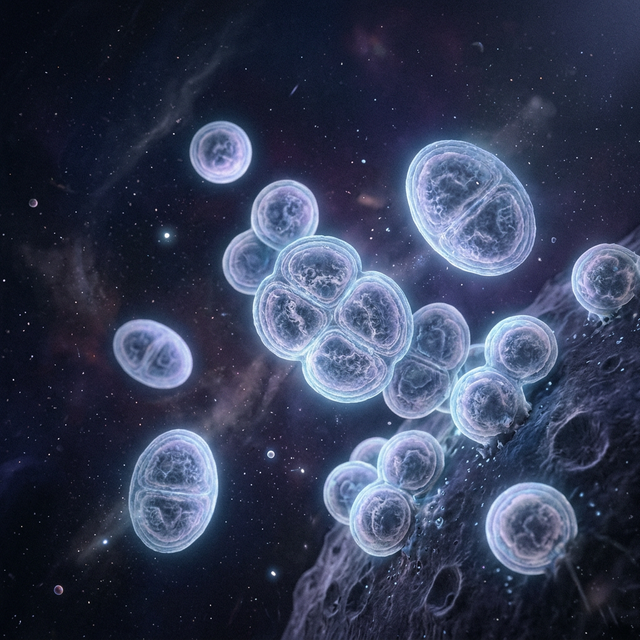 Microscopic view of extremophile bacteria spores surviving in space-like conditions