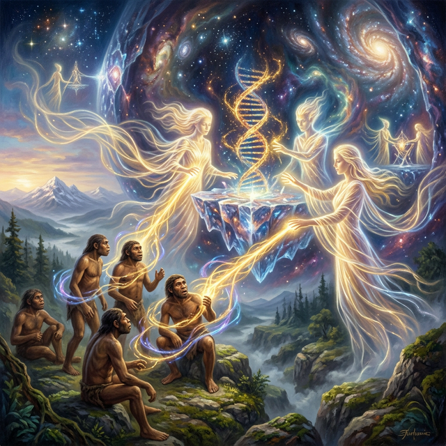 Beings of light in ethereal attire working in a cosmic laboratory modifying primitive hominids