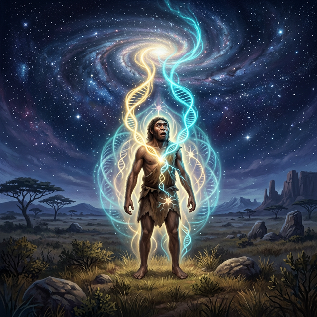 Primitive human ancestor receiving an infusion of luminous golden and cyan energy elevating its genetic structure